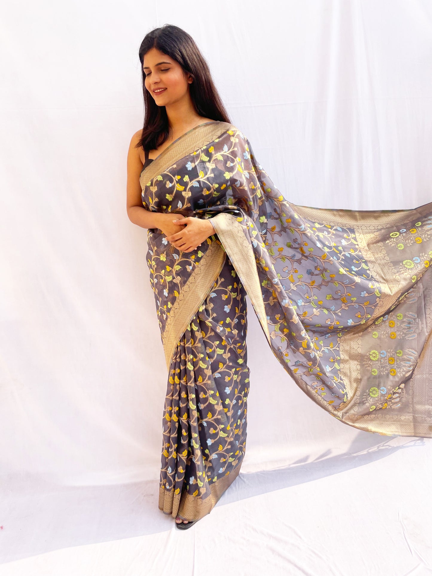Multicolor Floral Print Organza Saree