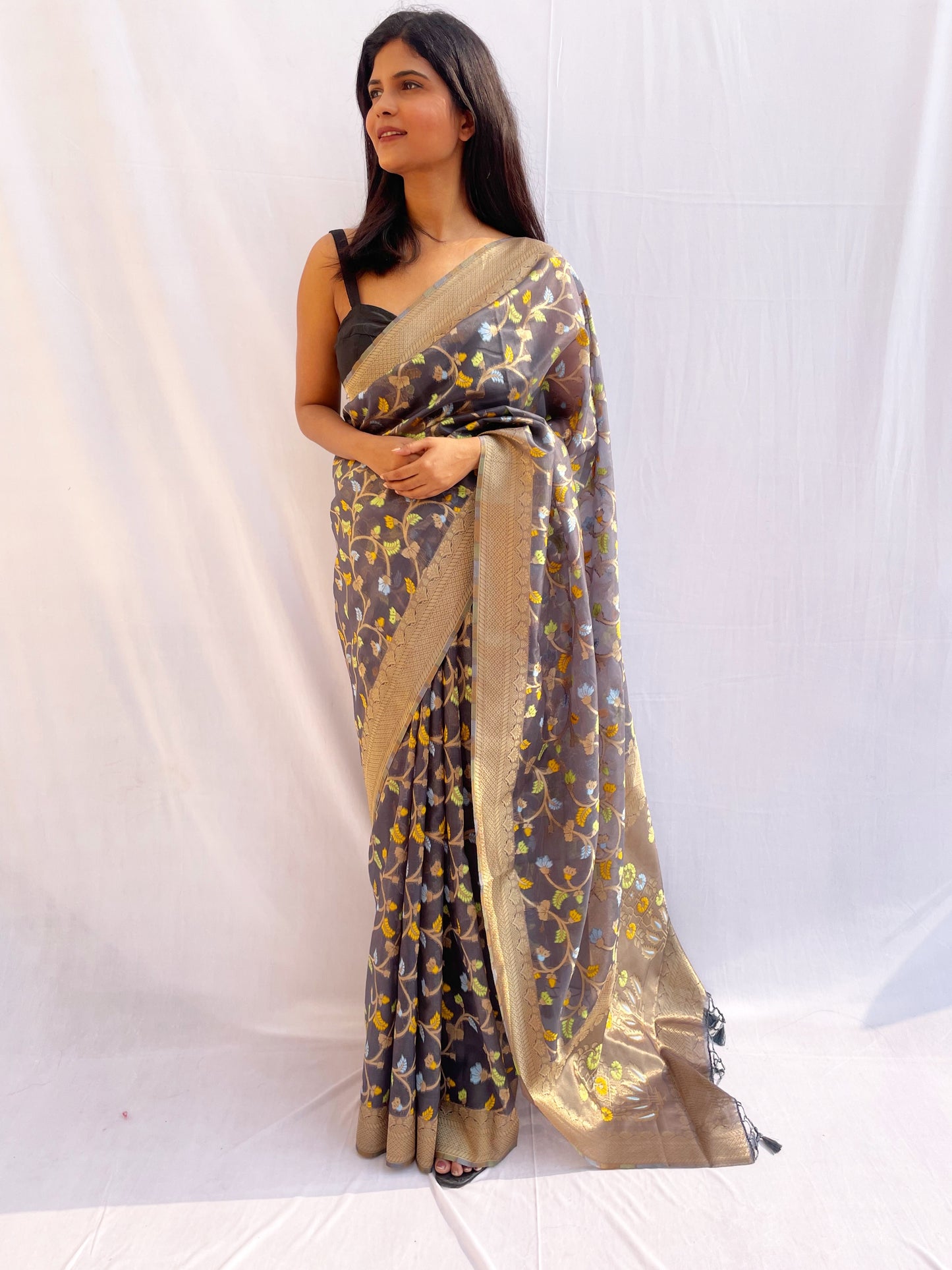 Multicolor Floral Print Organza Saree