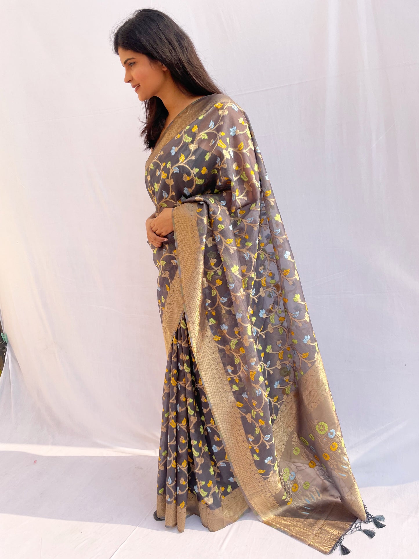 Multicolor Floral Print Organza Saree
