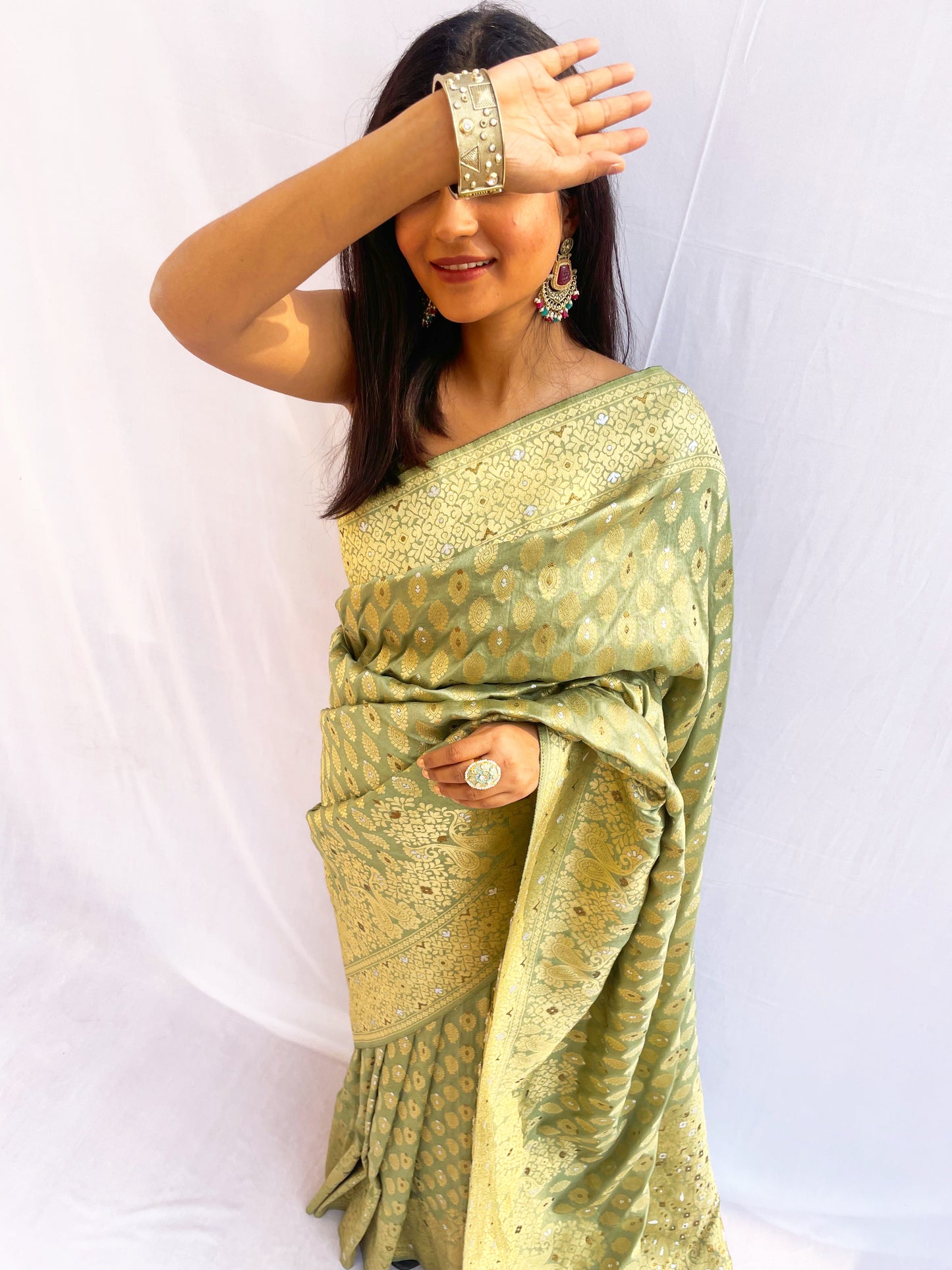Olive Green Zari Woven Silk Saree
