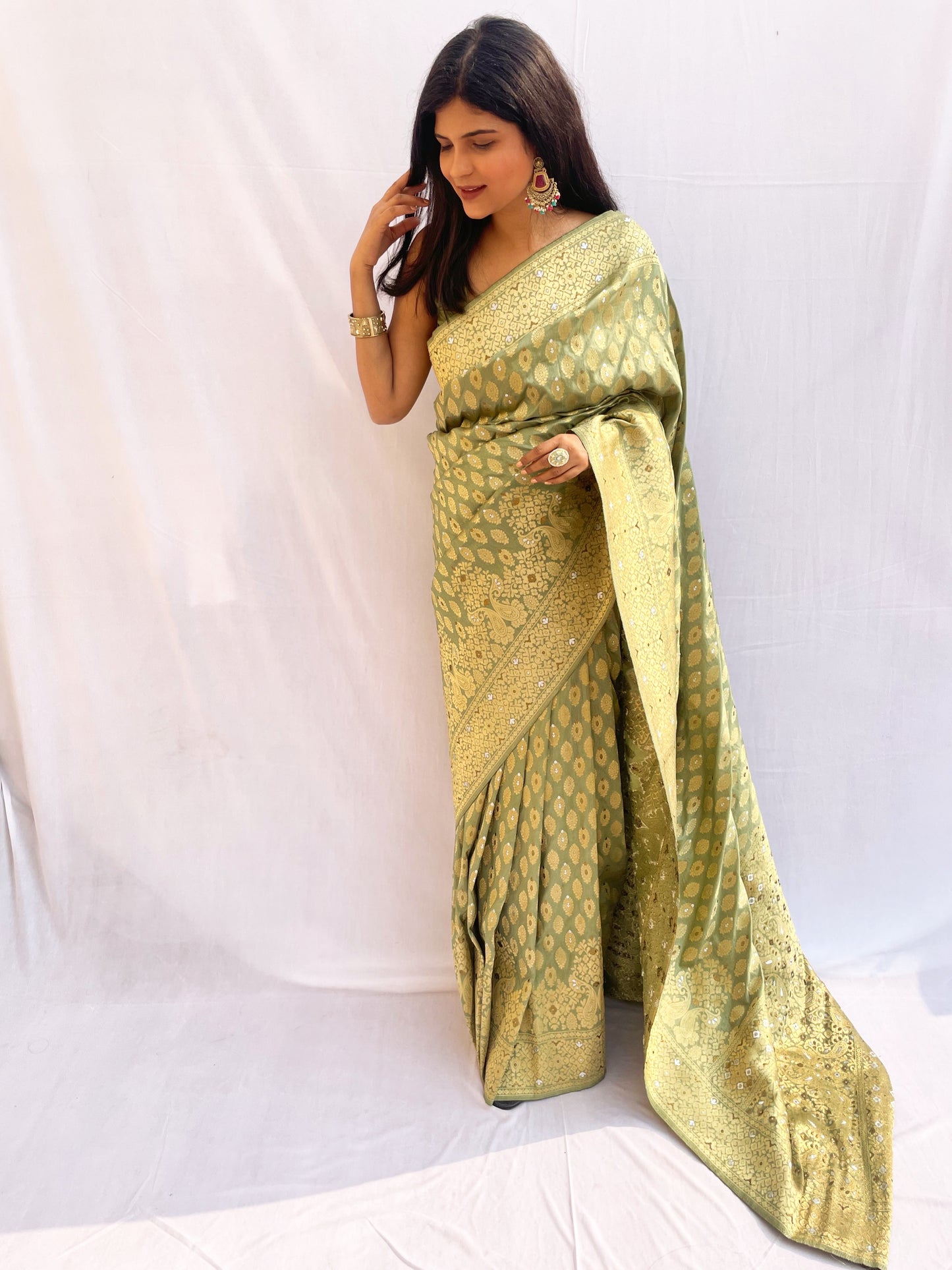Olive Green Zari Woven Silk Saree