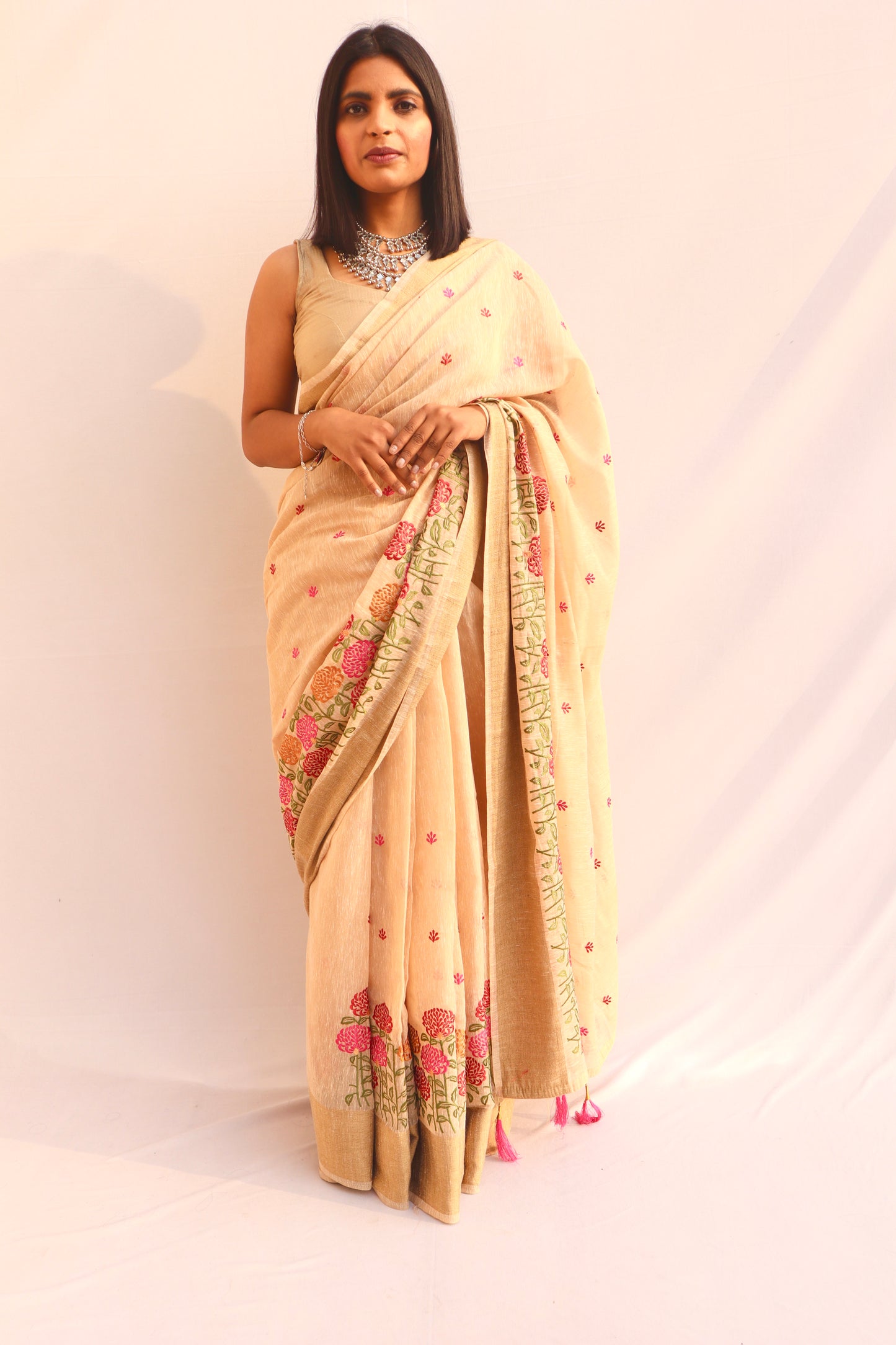 Yellow Cotton Floral Embroidered Saree