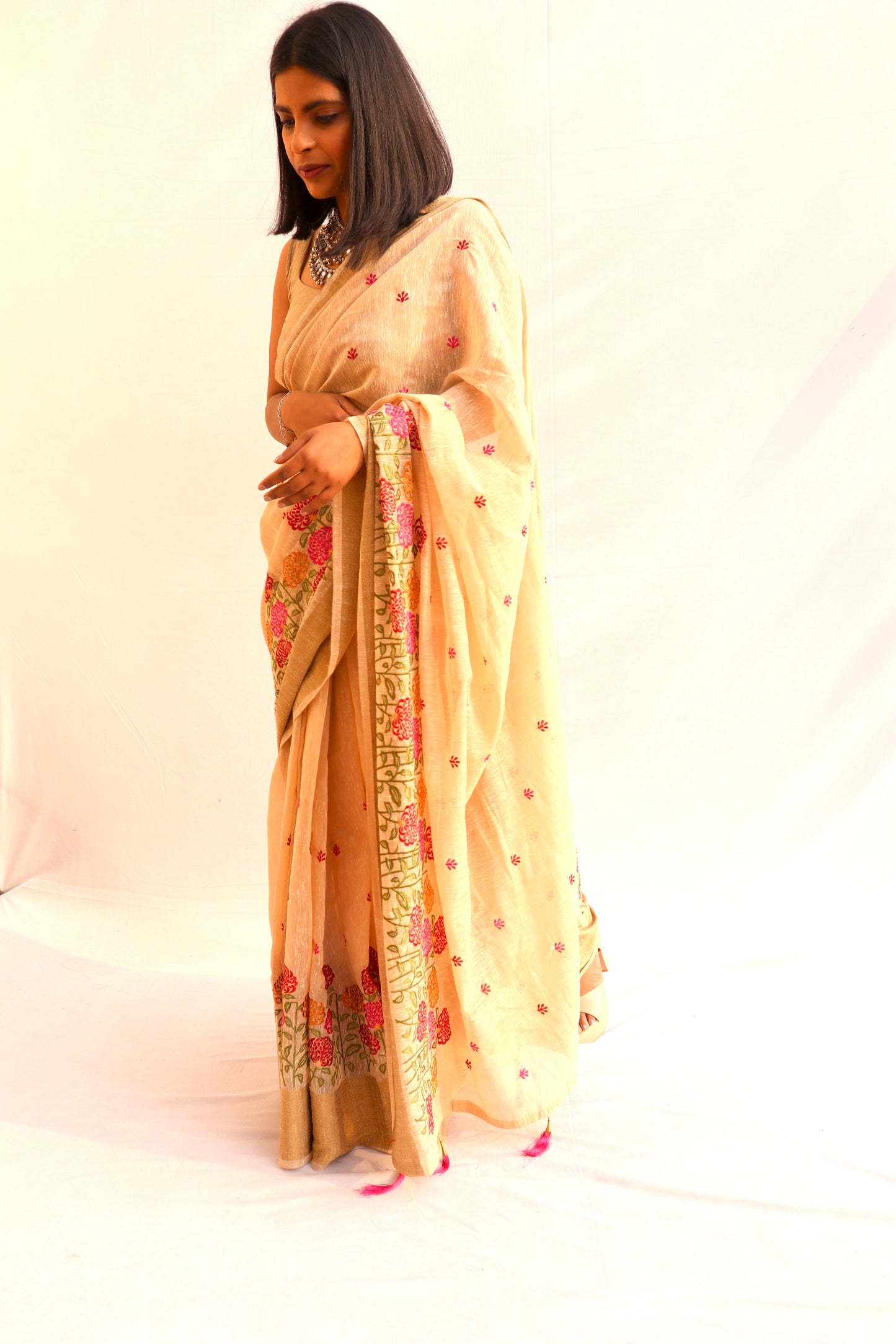 Yellow Cotton Floral Embroidered Saree