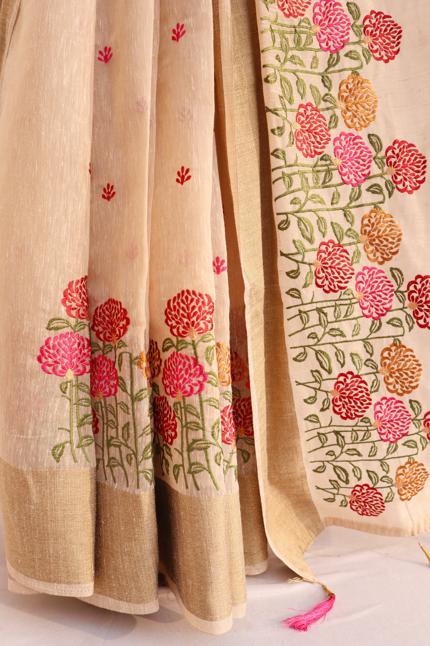Yellow Cotton Floral Embroidered Saree
