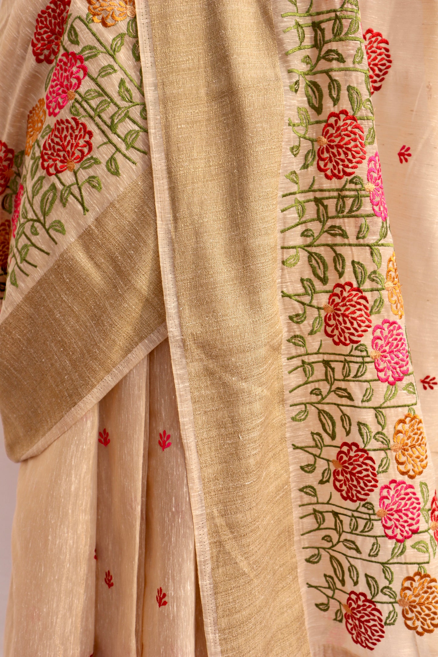 Yellow Cotton Floral Embroidered Saree