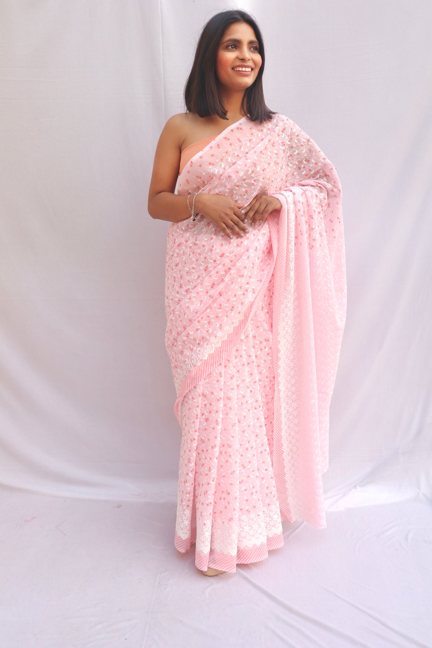Pink Floral Embroidered Saree