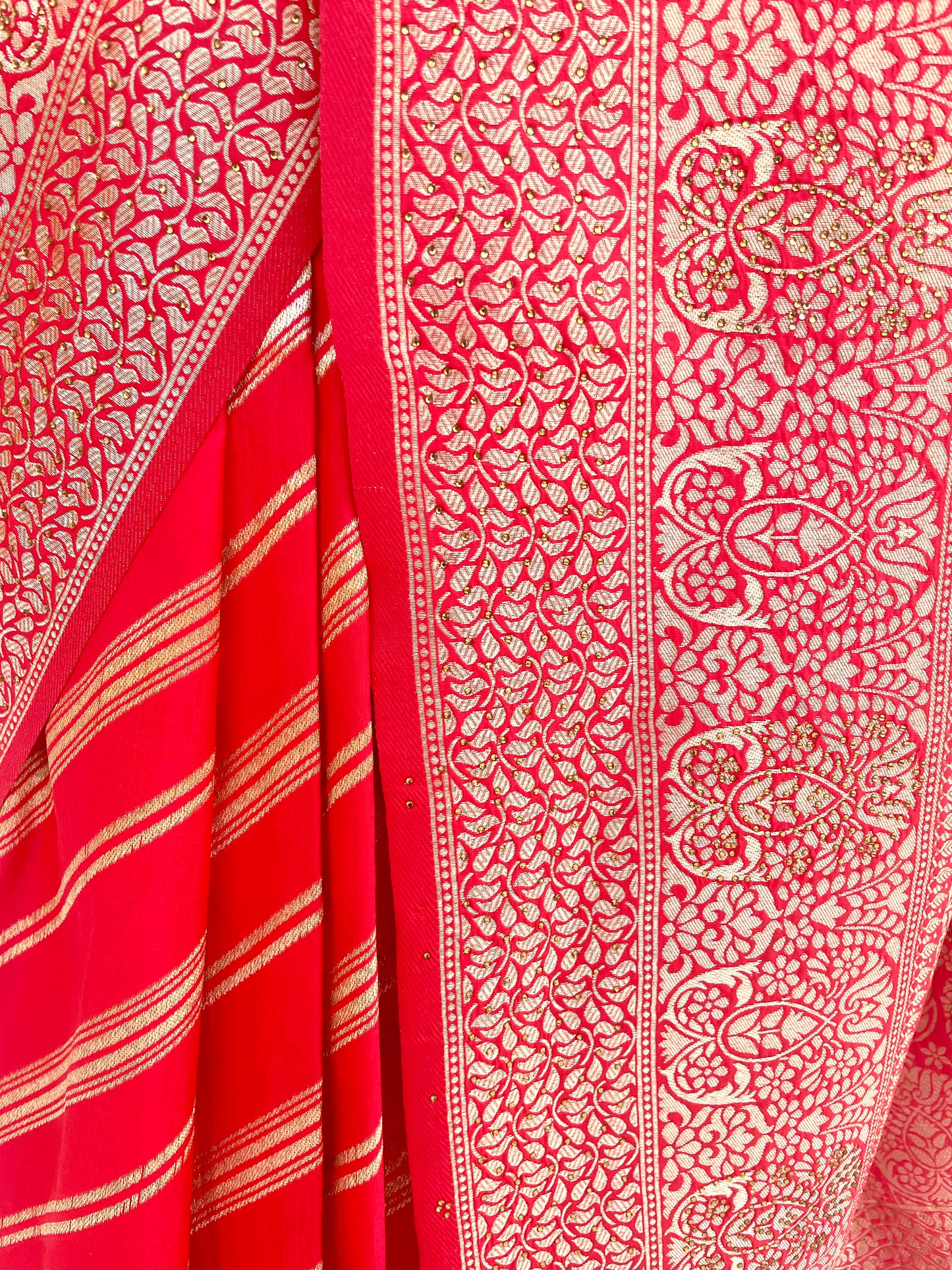 Red Silk Saree with Zari Line Design - Vanesara