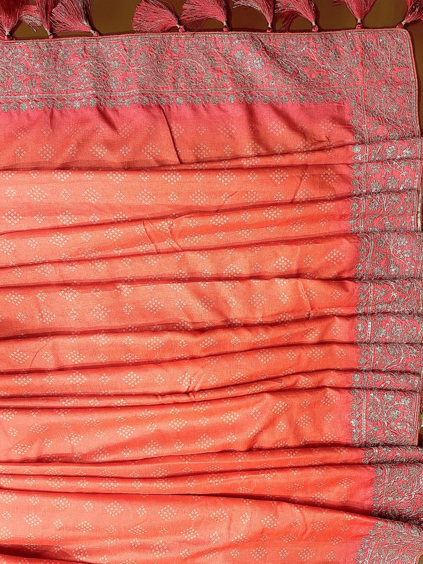 Bandhani Print Embroidered Silk Saree - Vanesara