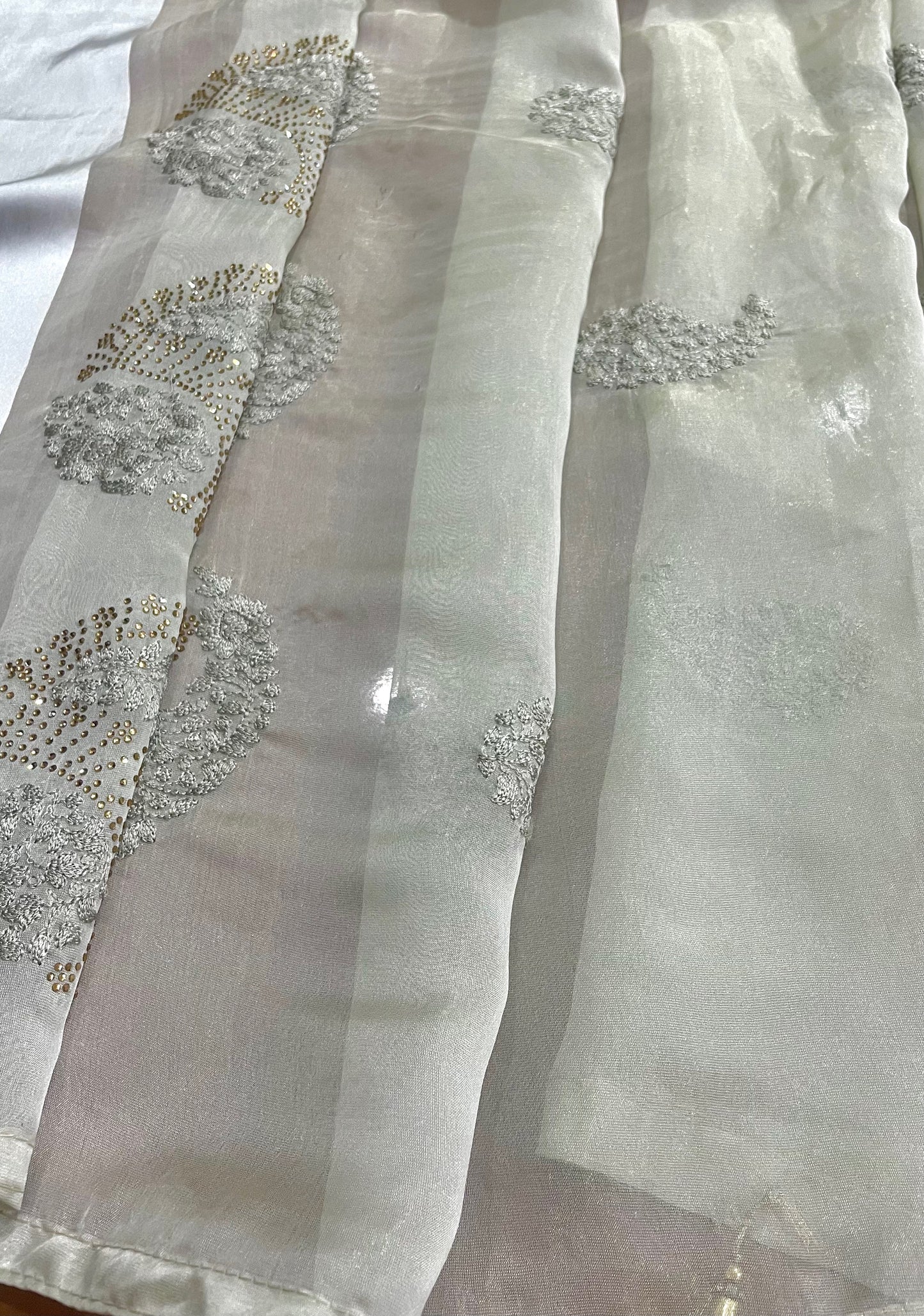 Thread Work With Swarovski Touch Grey Saree - Vanesara
