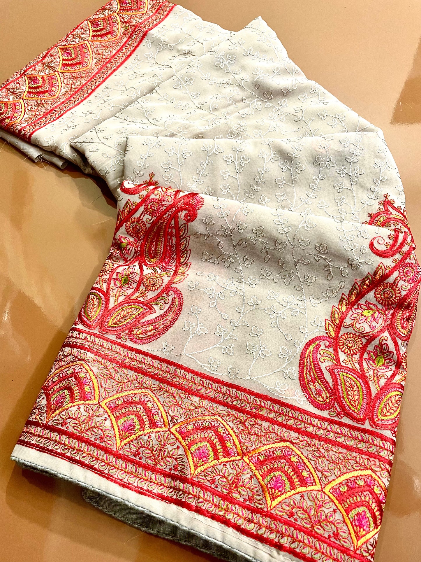 Multi Thread Embroidery Beige Saree - Vanesara