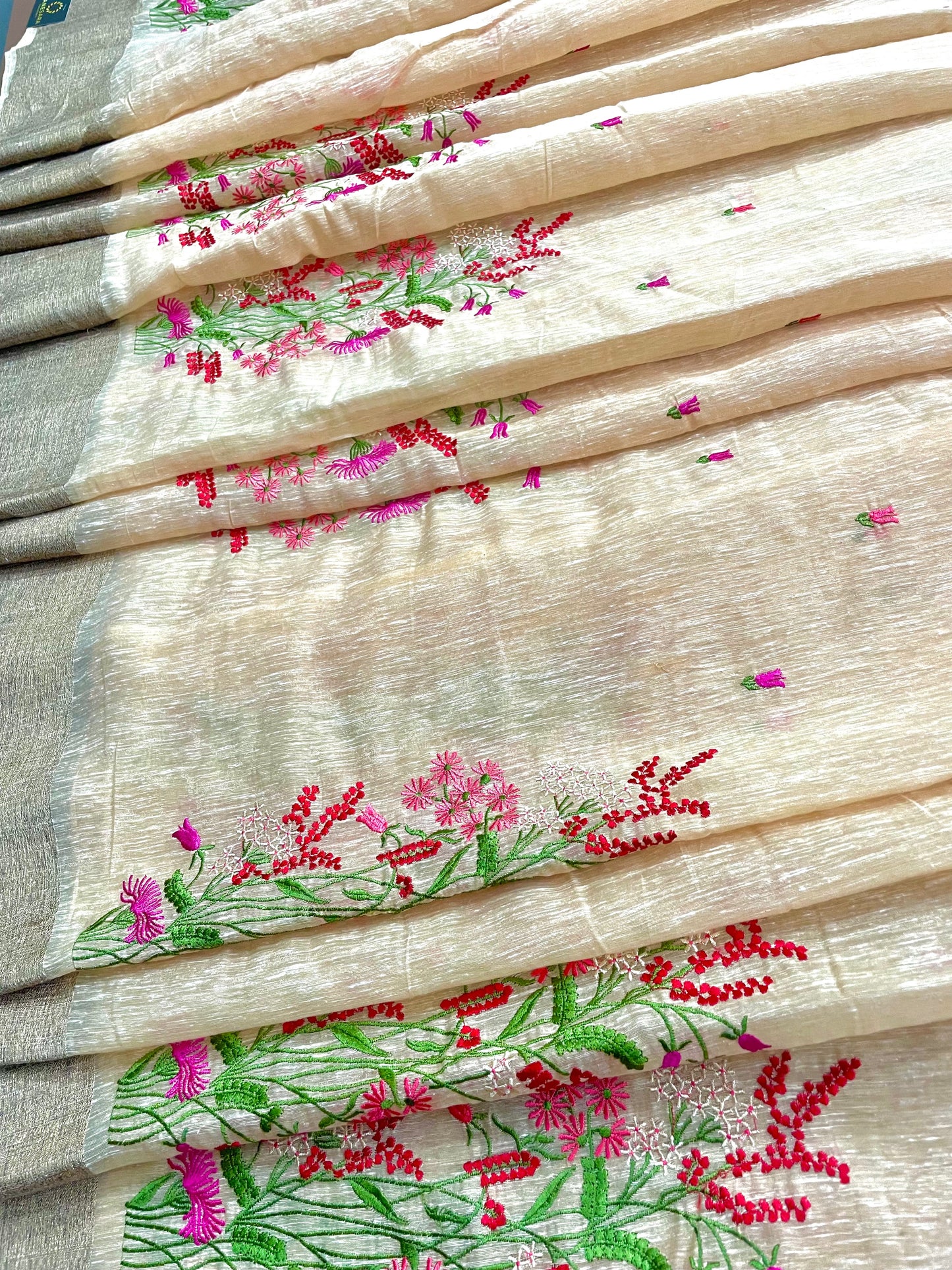 Yellow Cotton Embroidered Saree