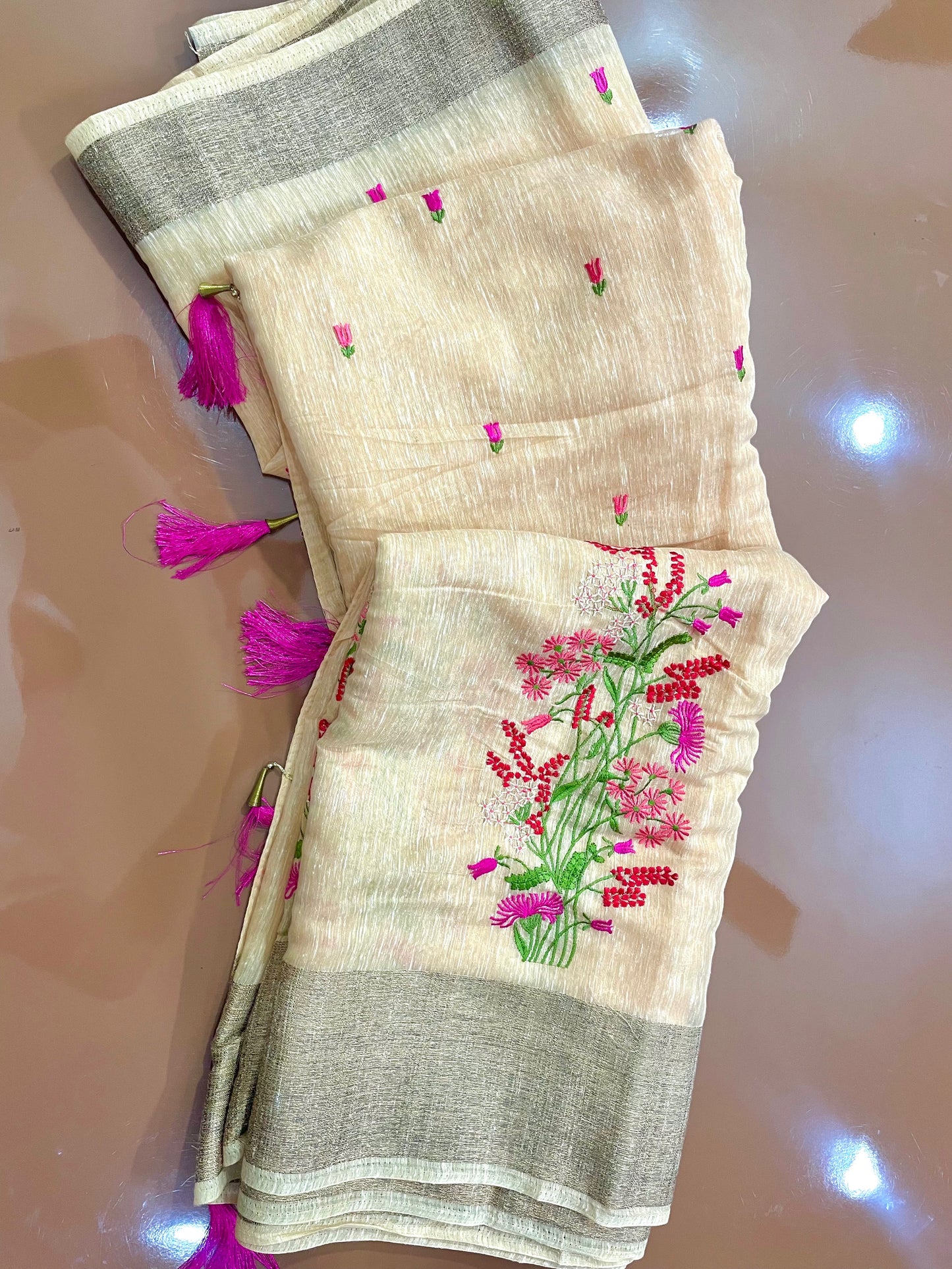 Yellow Cotton Embroidered Saree