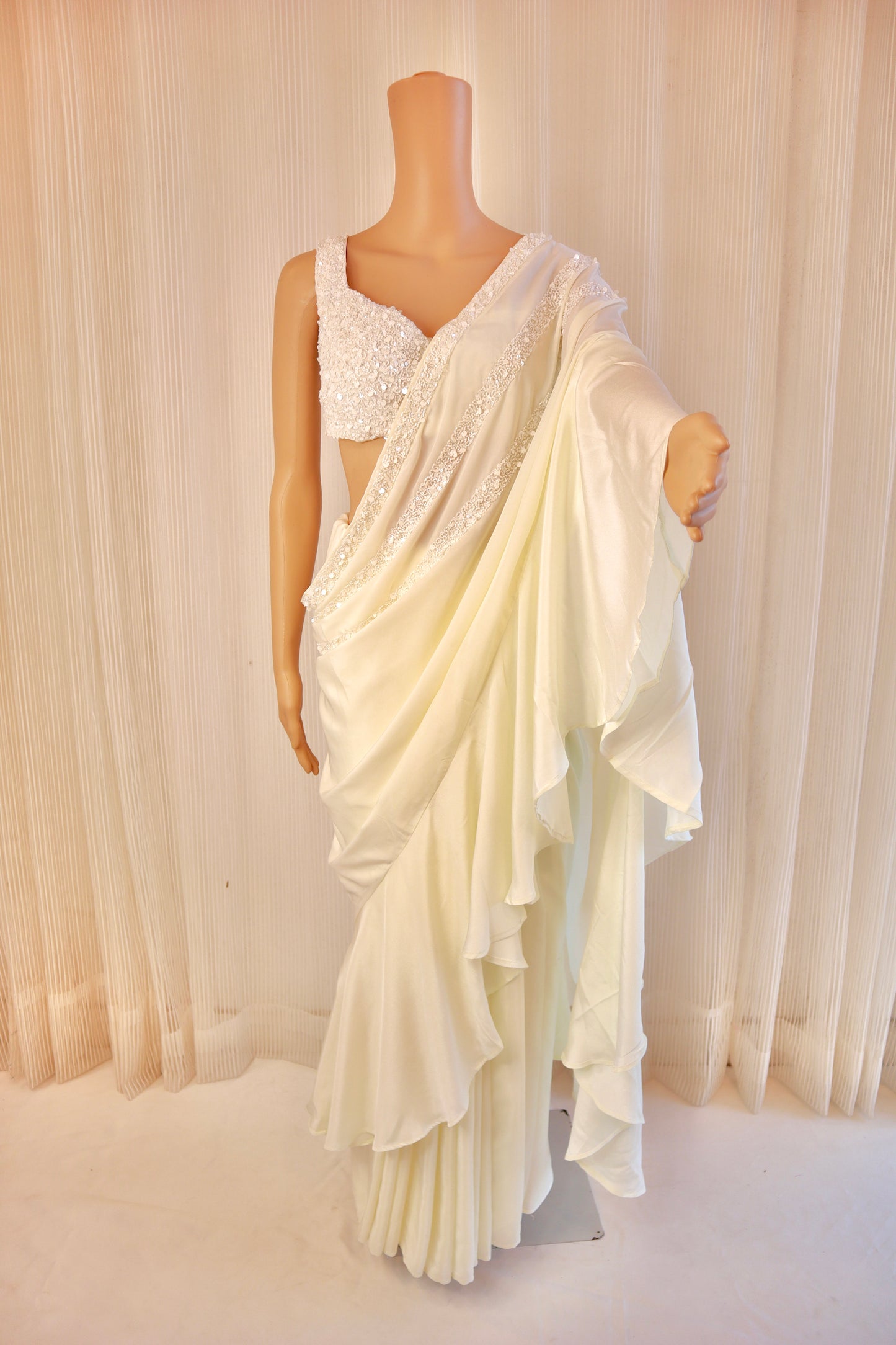 Ivory Ruffled Pre-Draped Saree - Vanesara