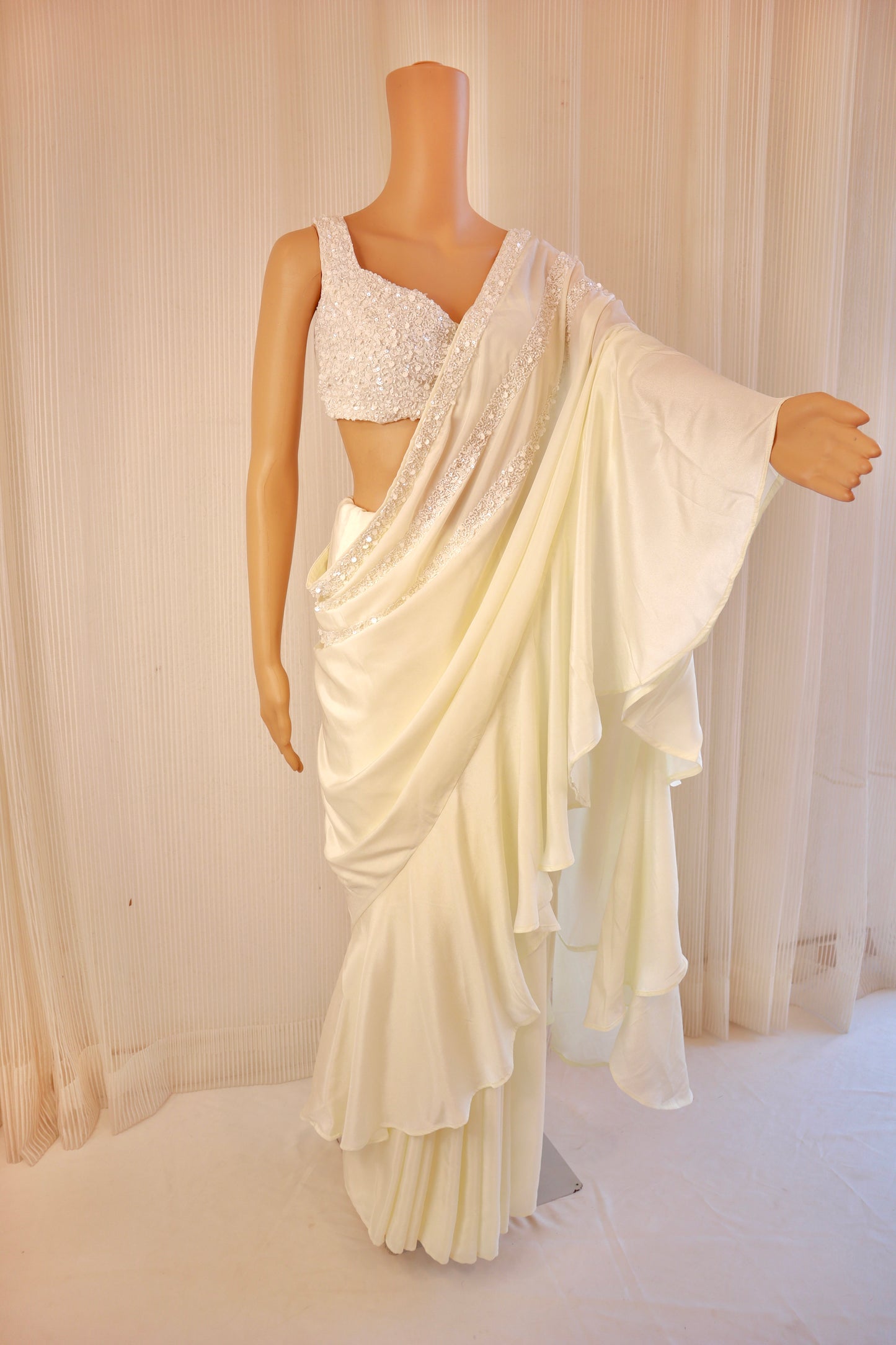 Ivory Ruffled Pre-Draped Saree - Vanesara