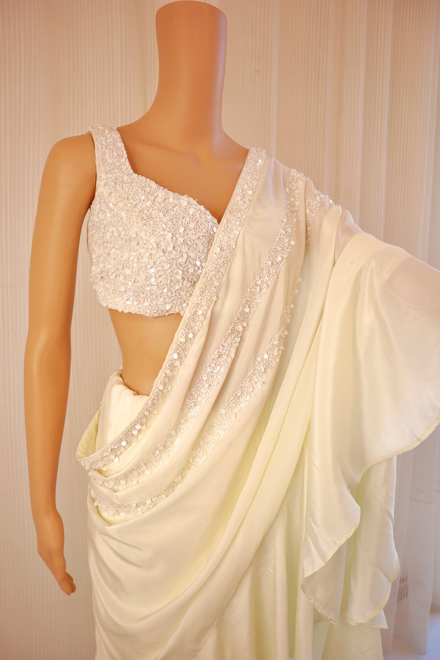 Ivory Ruffled Pre-Draped Saree - Vanesara