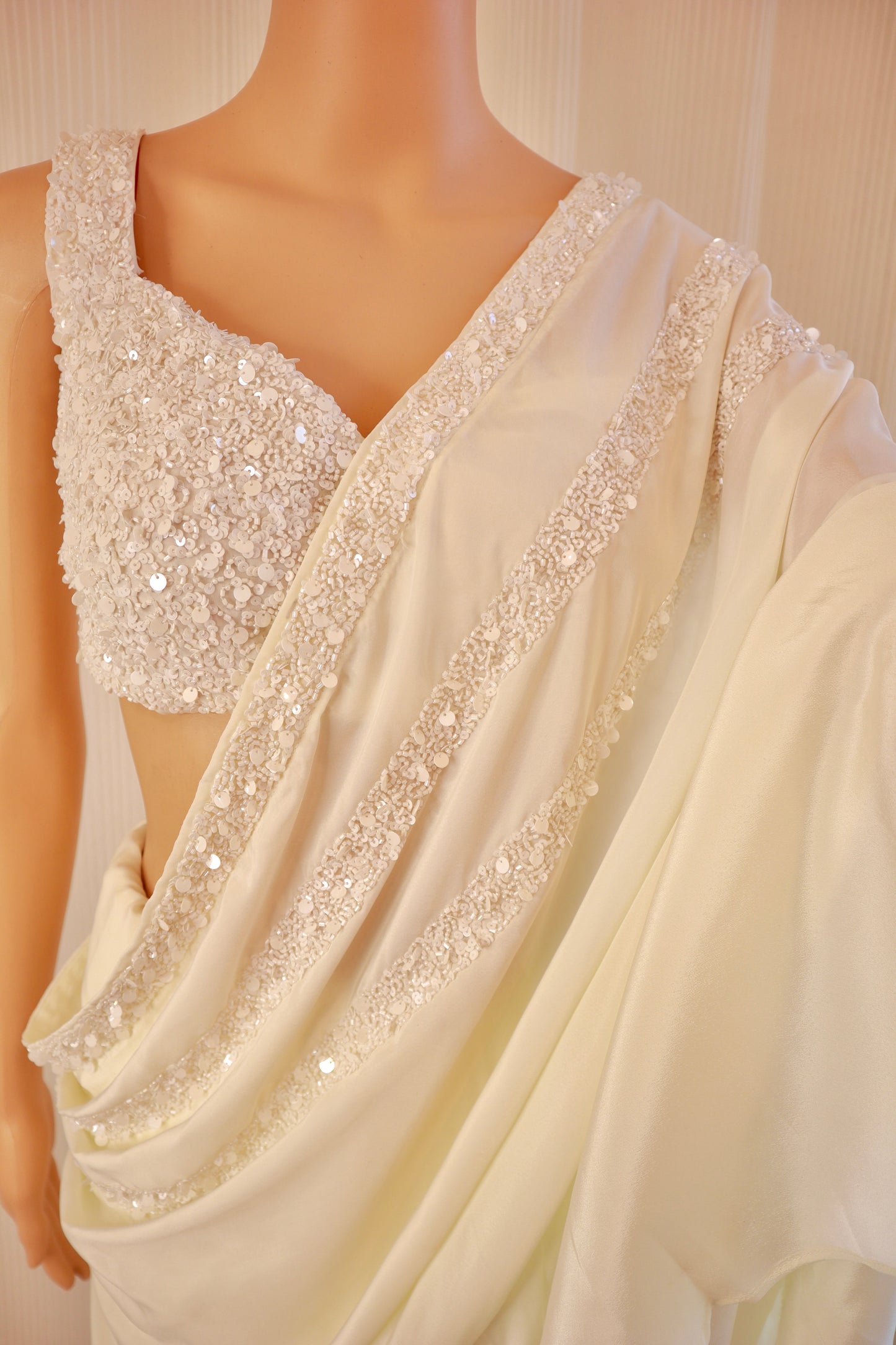 Ivory Ruffled Pre-Draped Saree - Vanesara