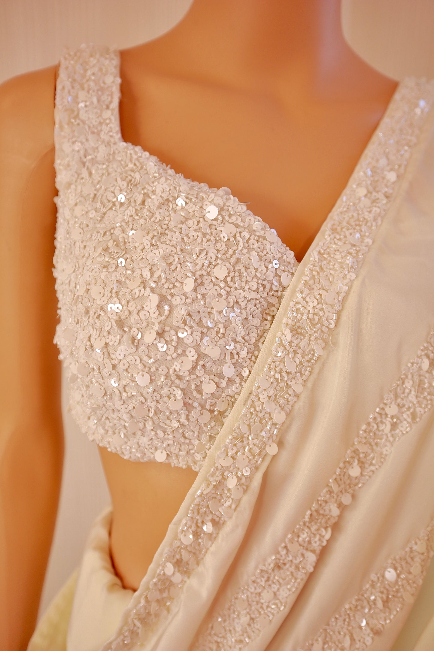 Ivory Ruffled Pre-Draped Saree - Vanesara