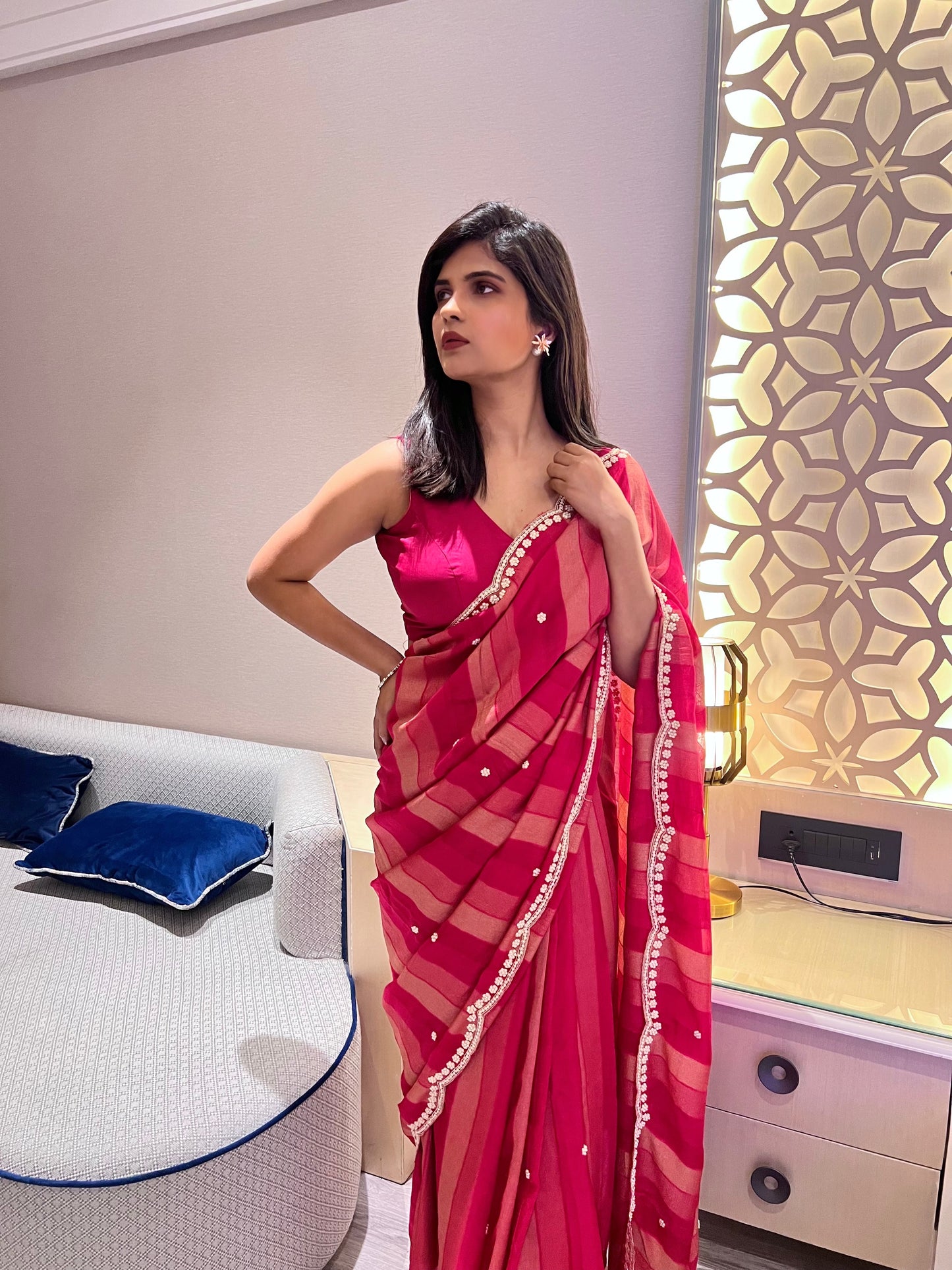 Golden Pink Saree With Handwork - Vanesara