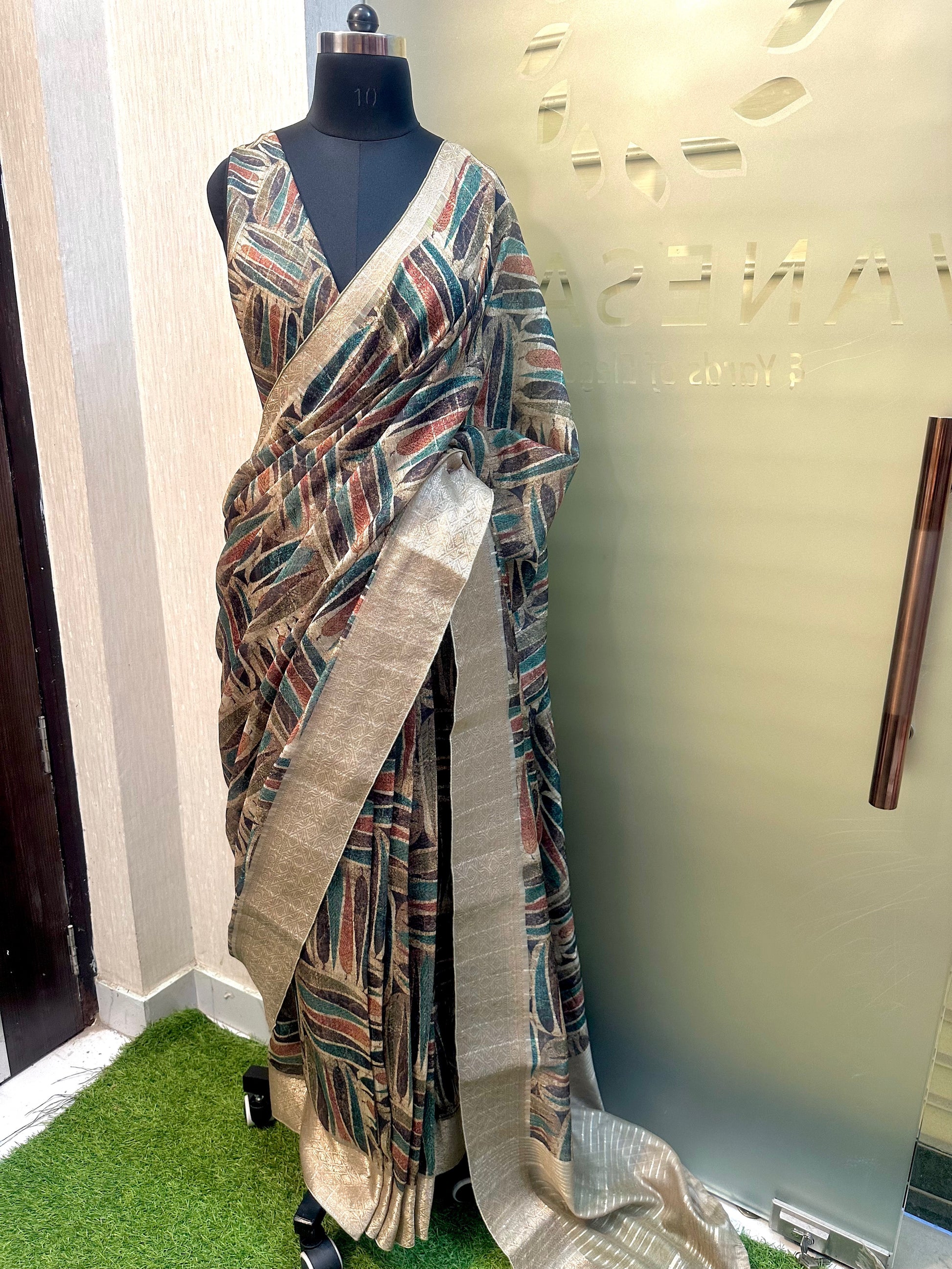 Multicolor Leaf Black Organza Saree - Vanesara
