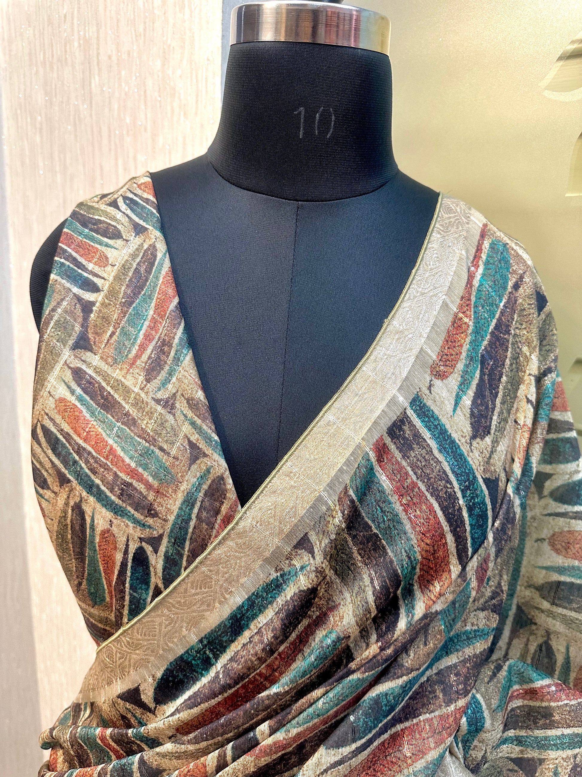 Multicolor Leaf Black Organza Saree - Vanesara