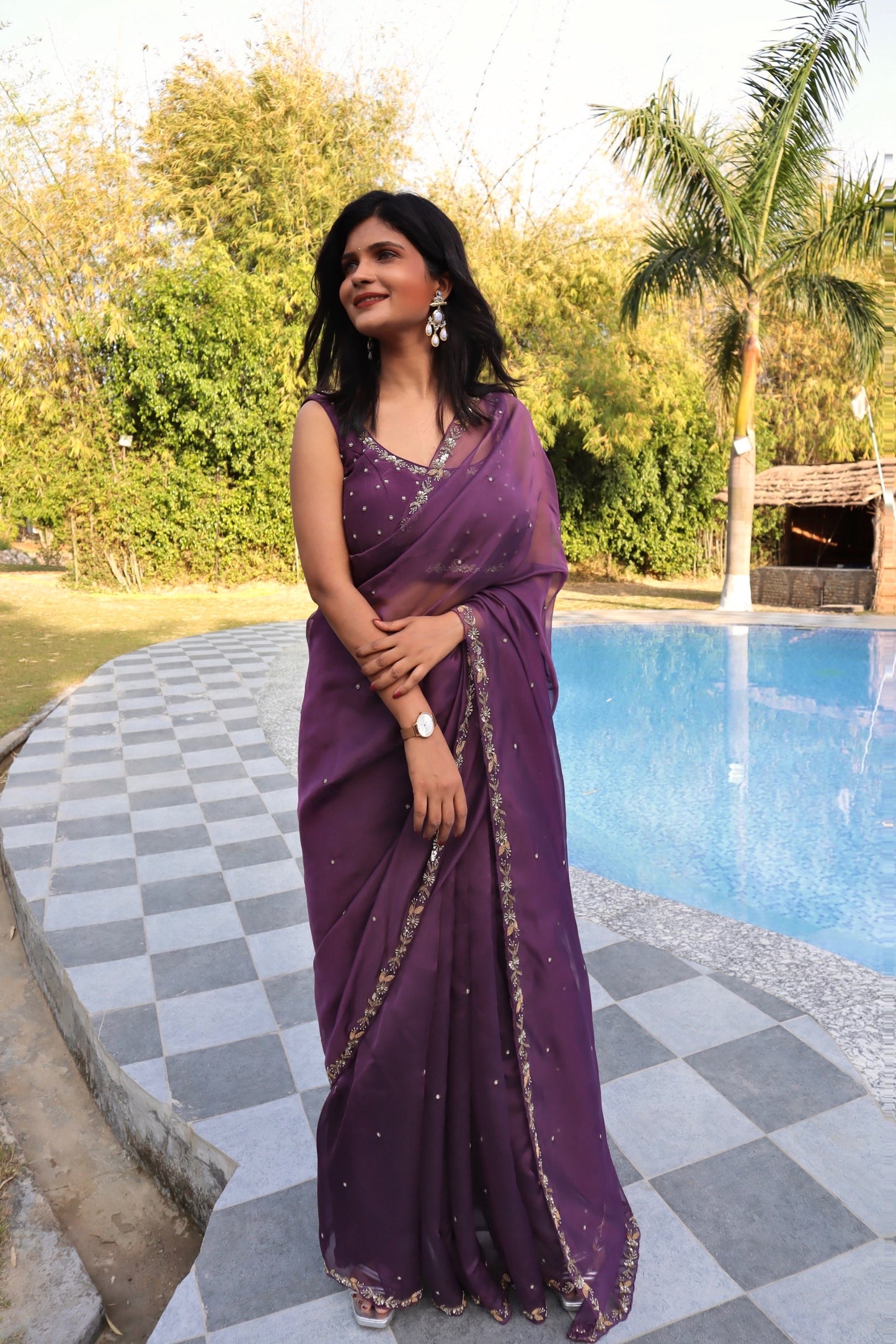Golden Lush Purple Saree - Vanesara