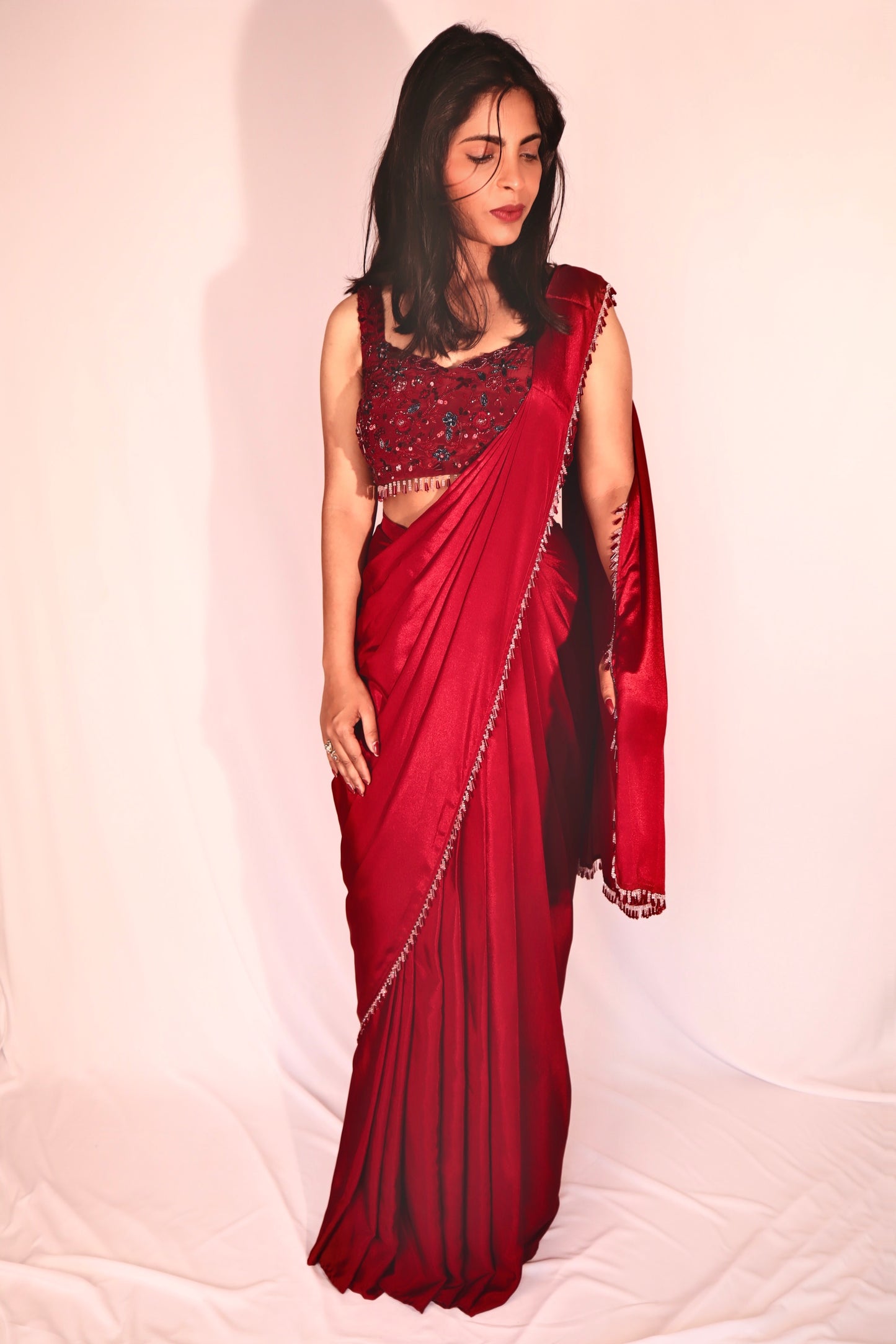 Predraped Maroon Lace Border Saree - Vanesara