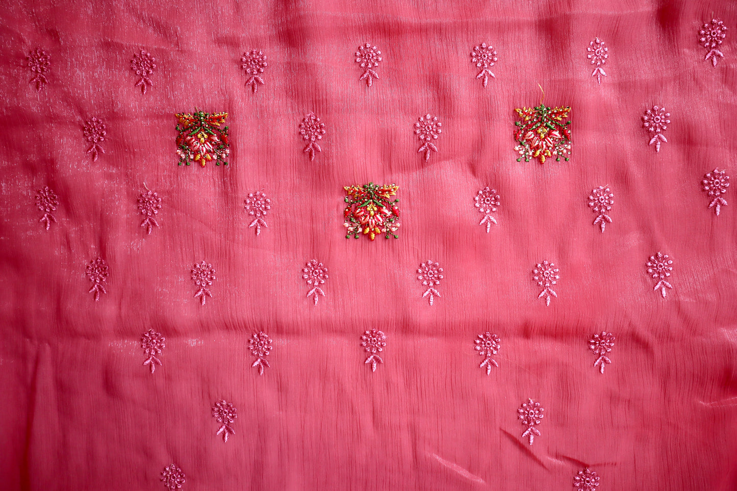 Embroidered Red Chiffon Saree - Vanesara