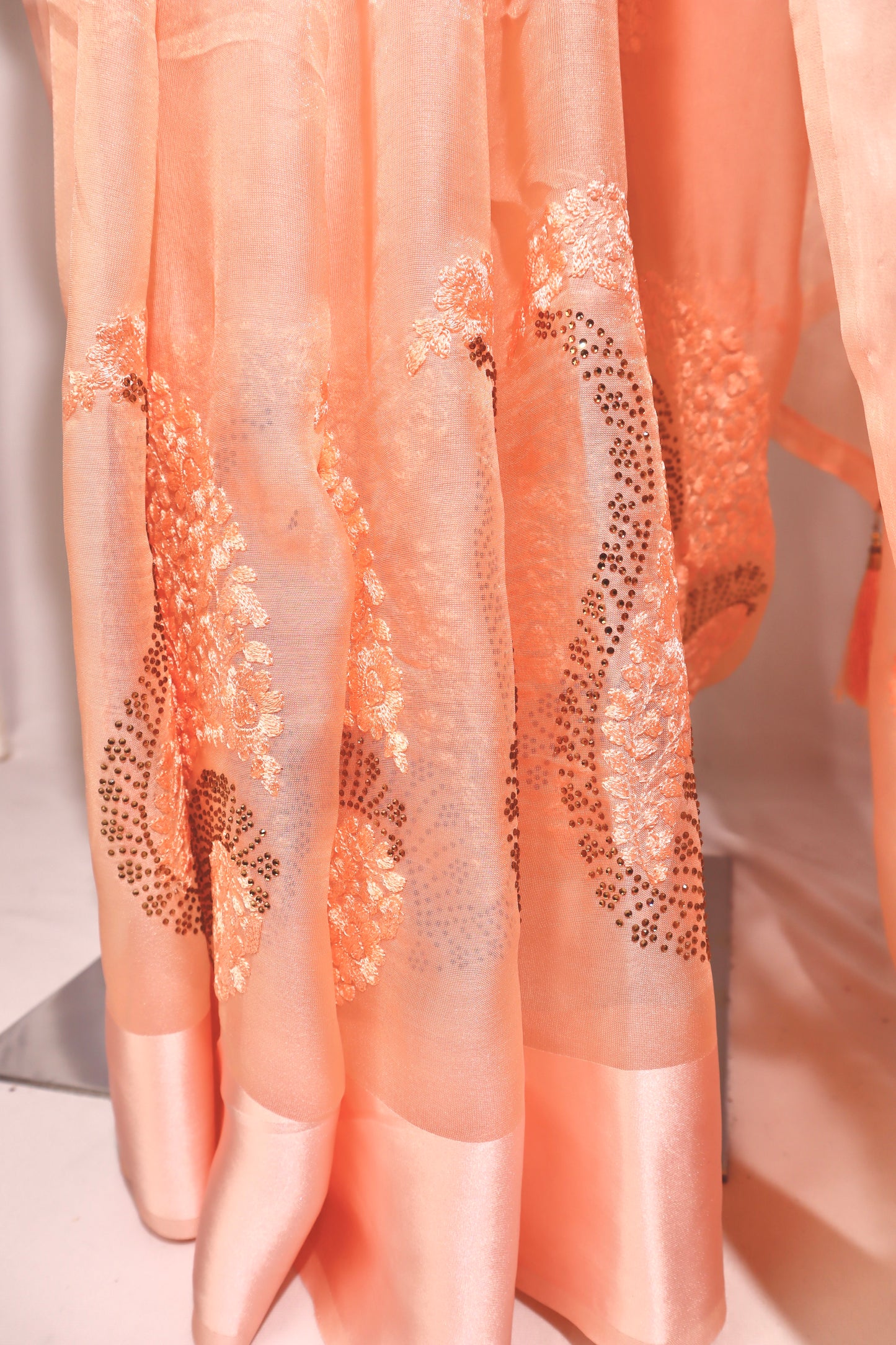 Thread Work With Swarovski Touch Orange Saree - Vanesara