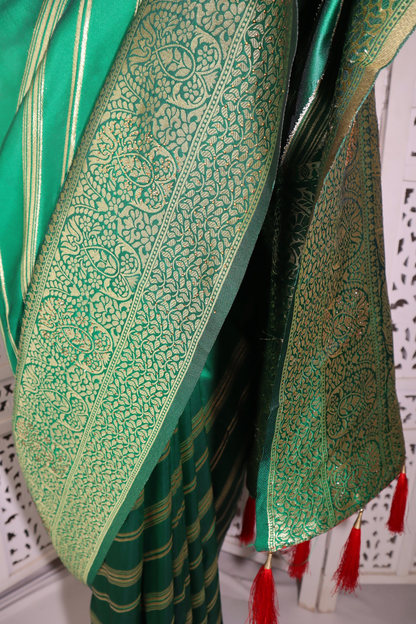 Green Silk Saree with Zari Line Design - Vanesara