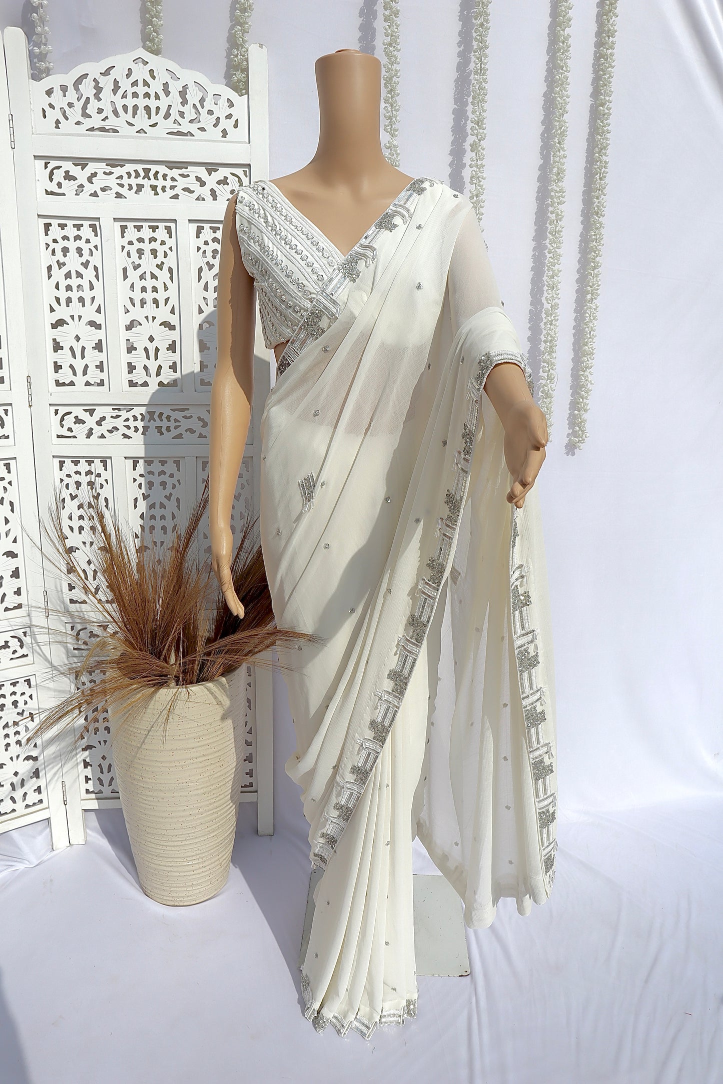 Ivory Chiffon Saree - Vanesara
