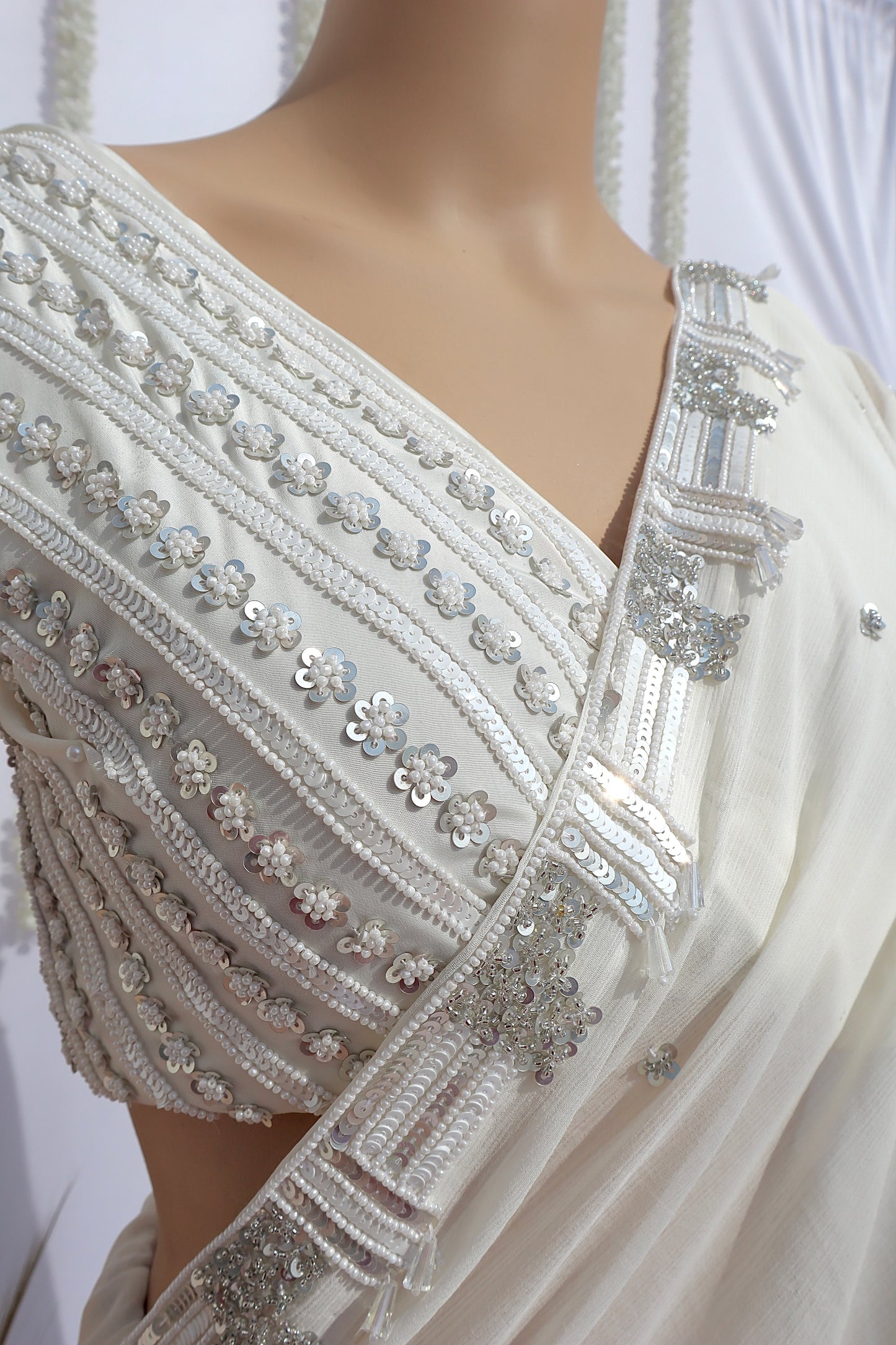 Ivory Chiffon Saree - Vanesara
