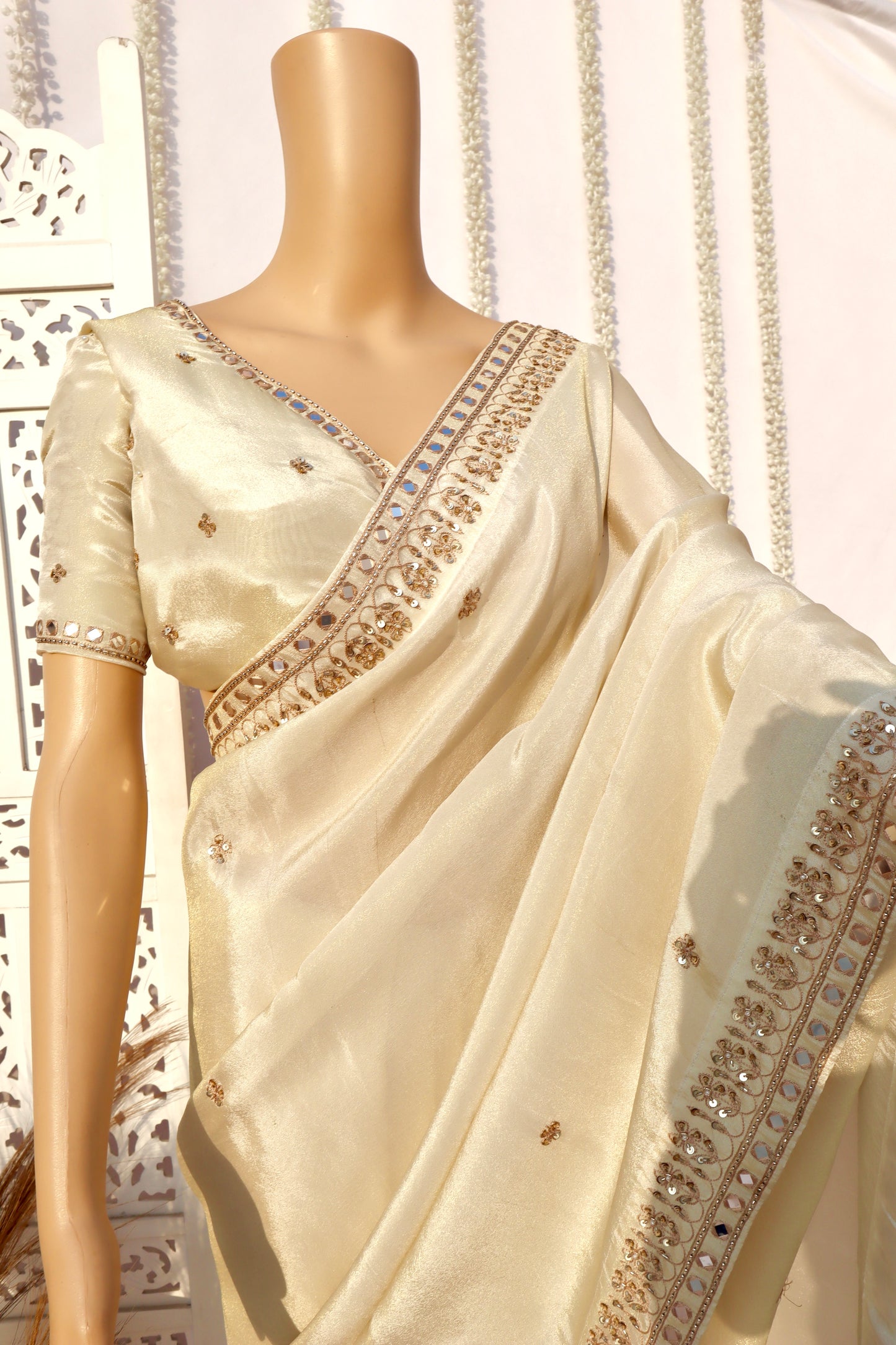 Off White Tissue Silk Saree - Vanesara