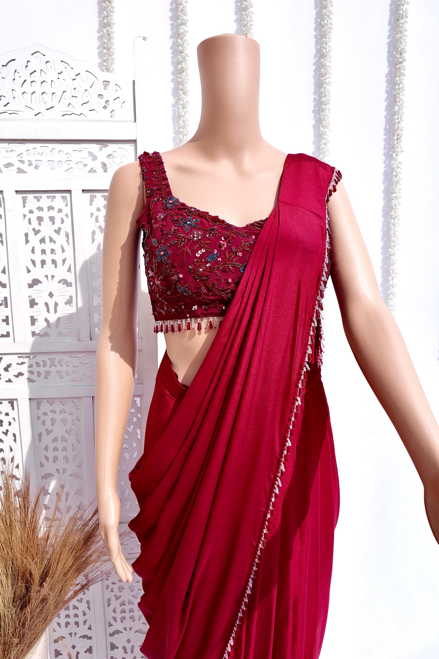 Predraped Maroon Lace Border Saree - Vanesara