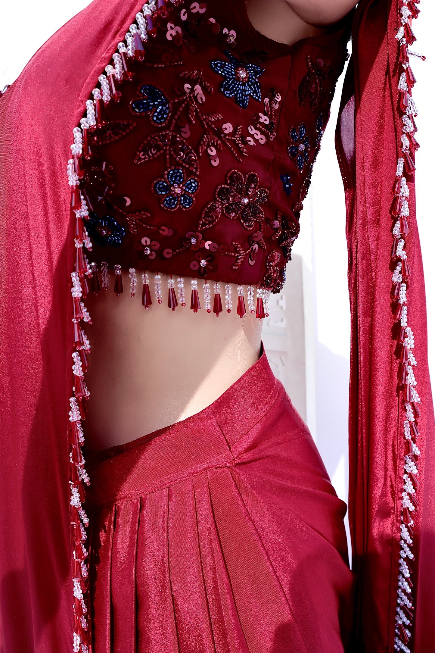 Predraped Maroon Lace Border Saree - Vanesara