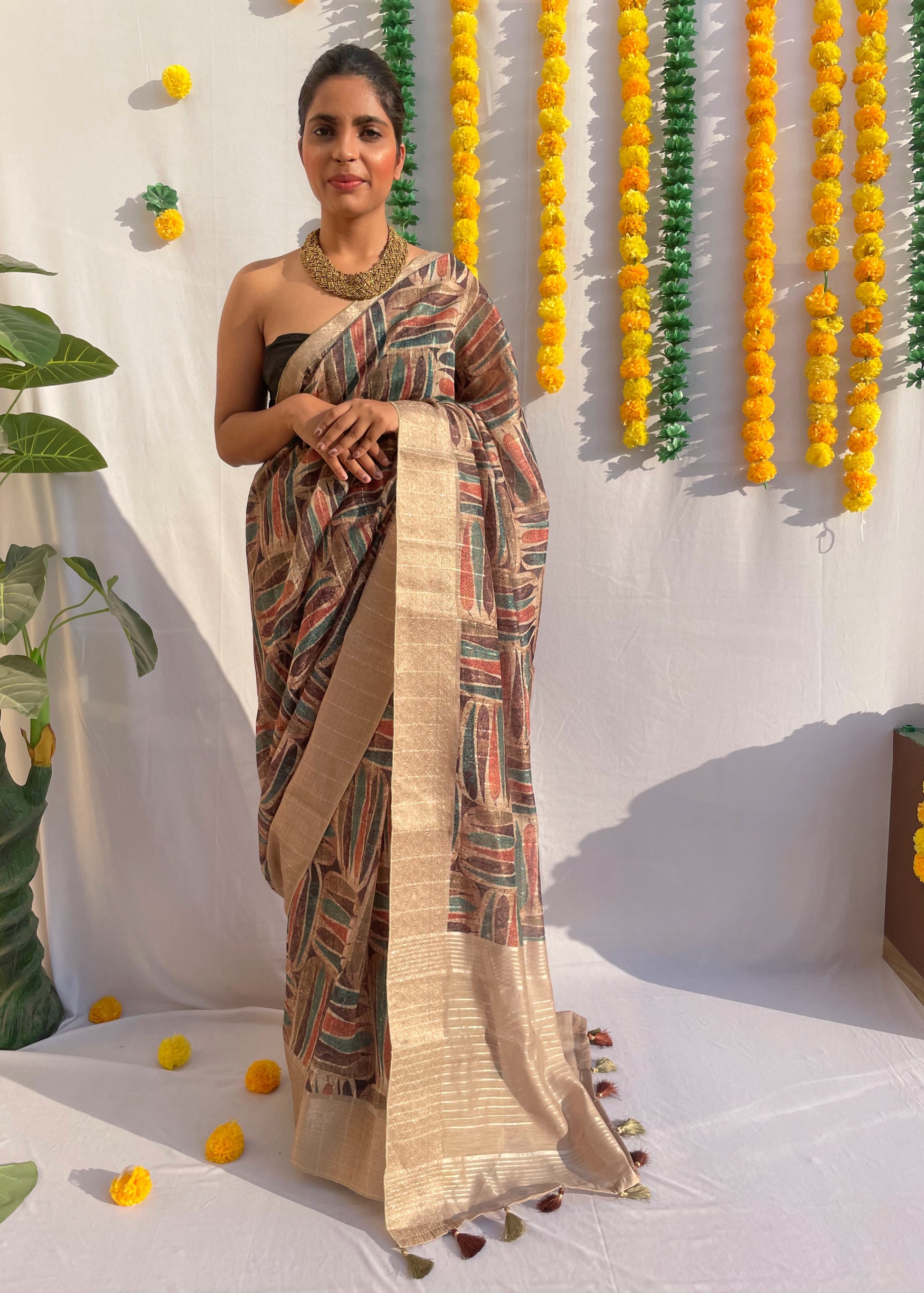 Multicolor Leaf Black Organza Saree - Vanesara