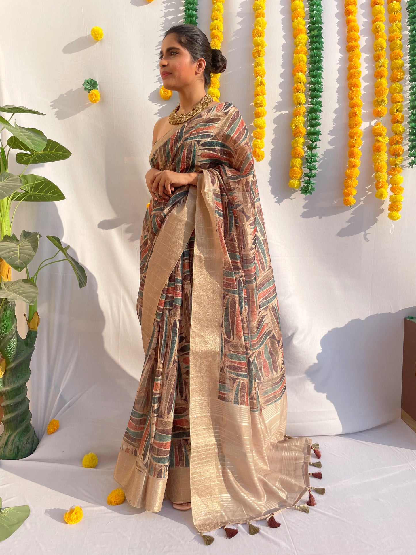 Multicolor Leaf Black Organza Saree - Vanesara