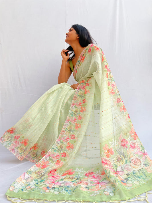 Green Floral Print Saree