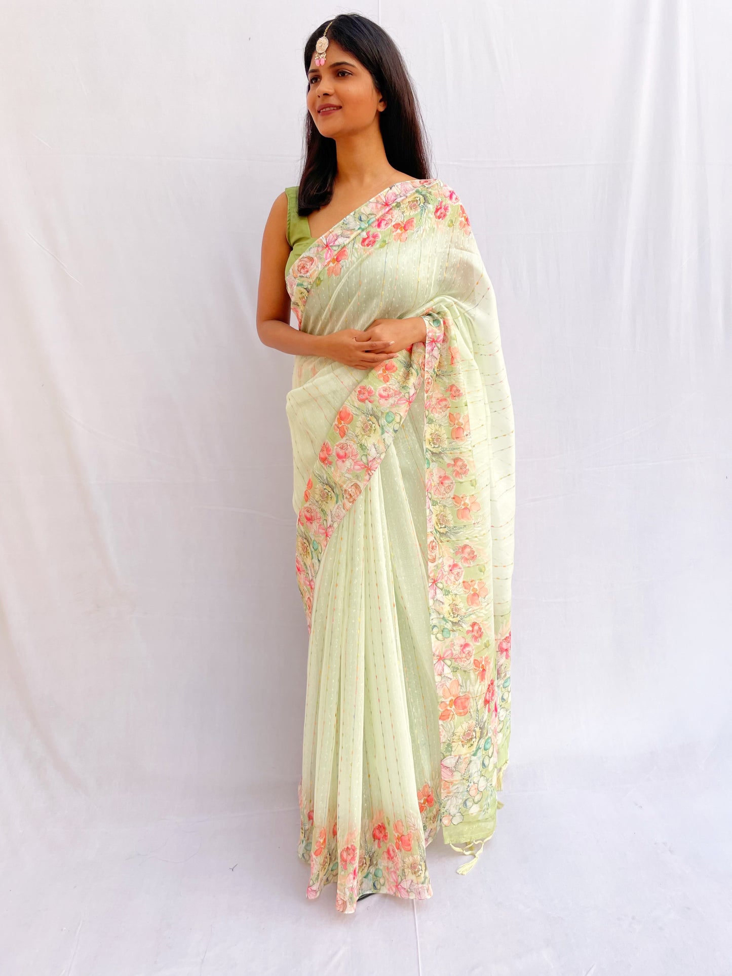 Green Floral Print Saree