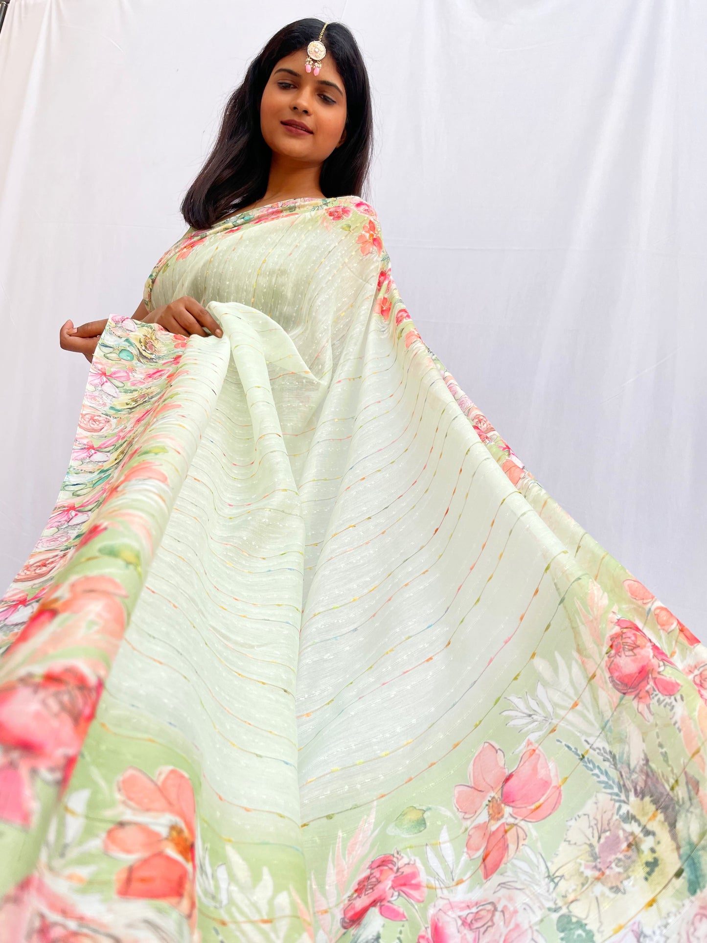 Green Floral Print Saree