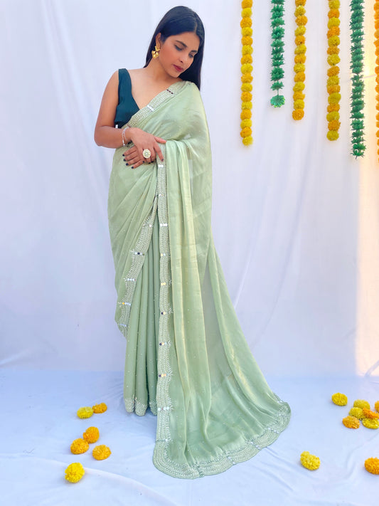 Soft Satin Organza Mirror Work Saree
