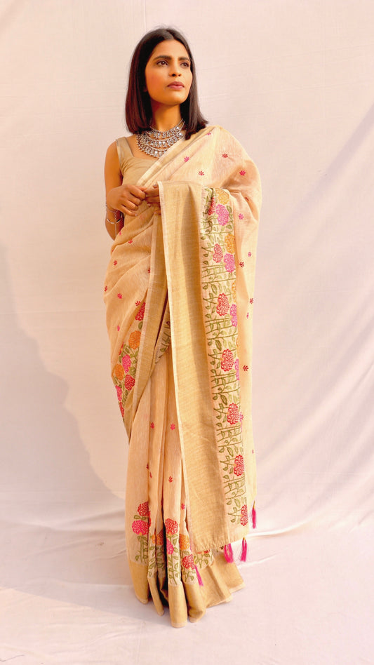 Yellow Cotton Floral Embroidered Saree