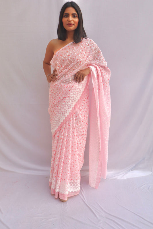 Pink Floral Embroidered Saree