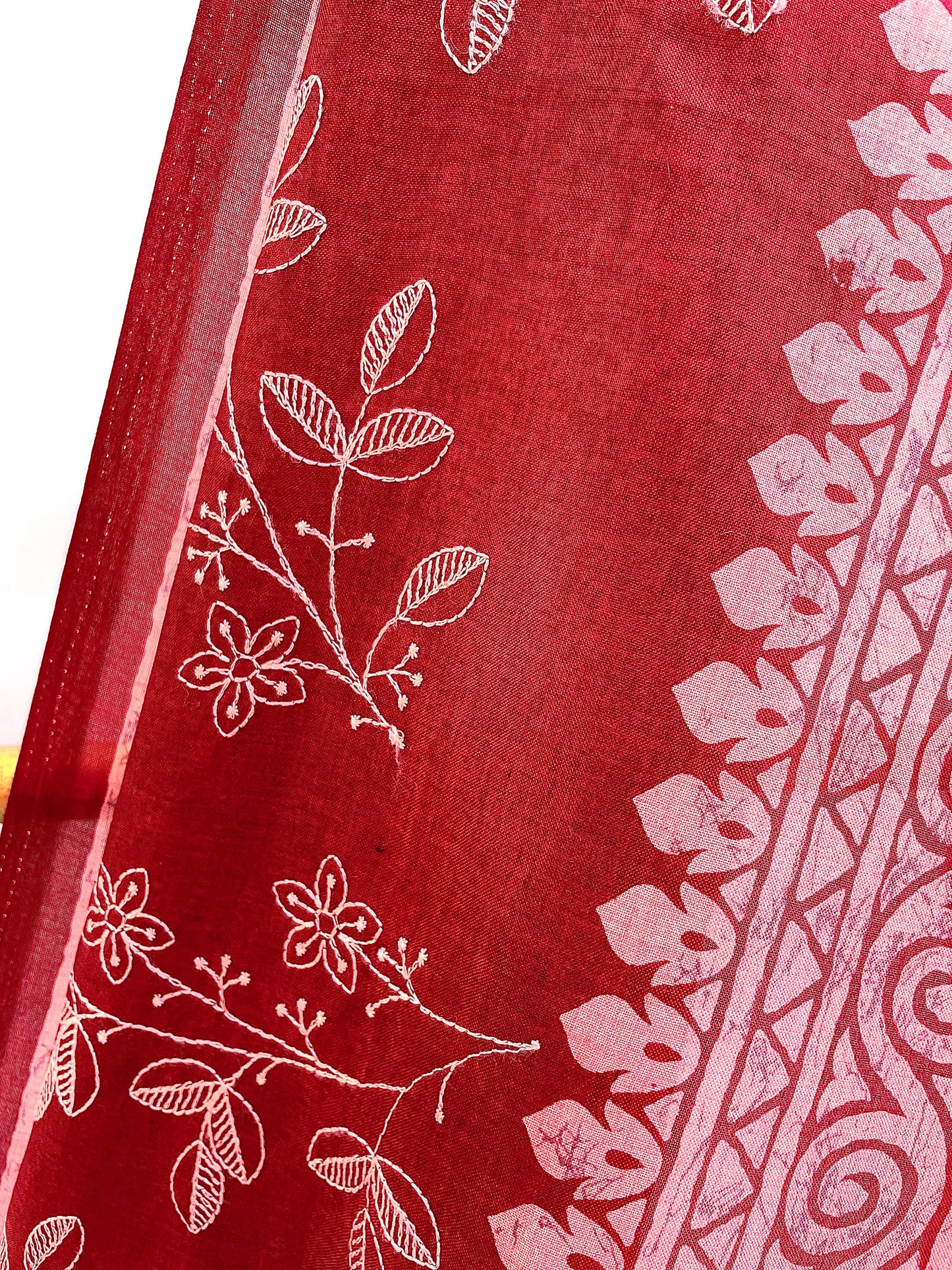 Red Cotton embroidered saree