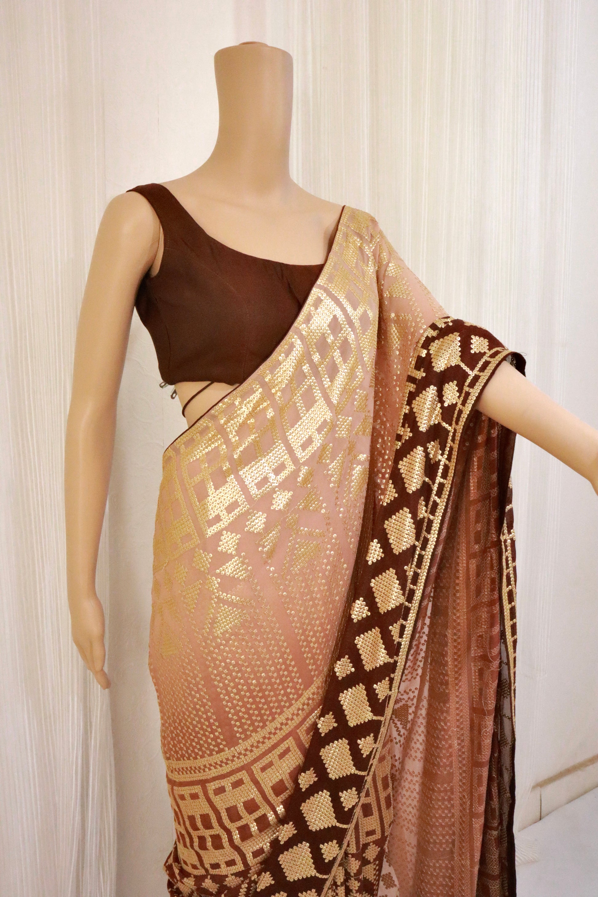 Brown Dual Shade Sequin Saree - Vanesara