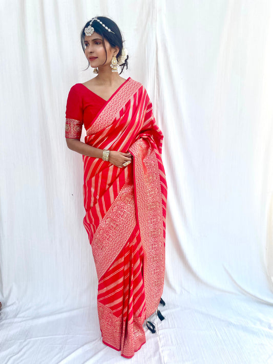 Red Silk Saree with Zari Line Design - Vanesara