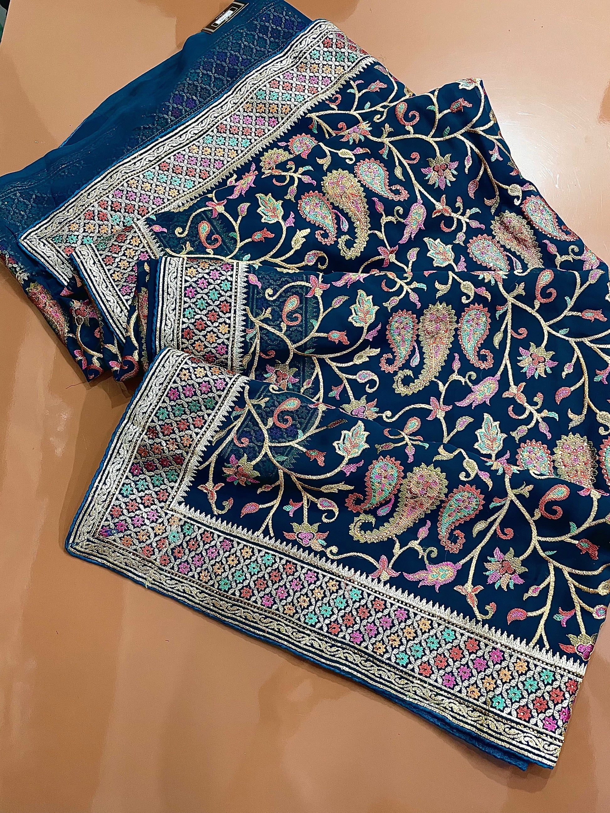 Floral Design Embroidered Blue Georgette Saree - Vanesara