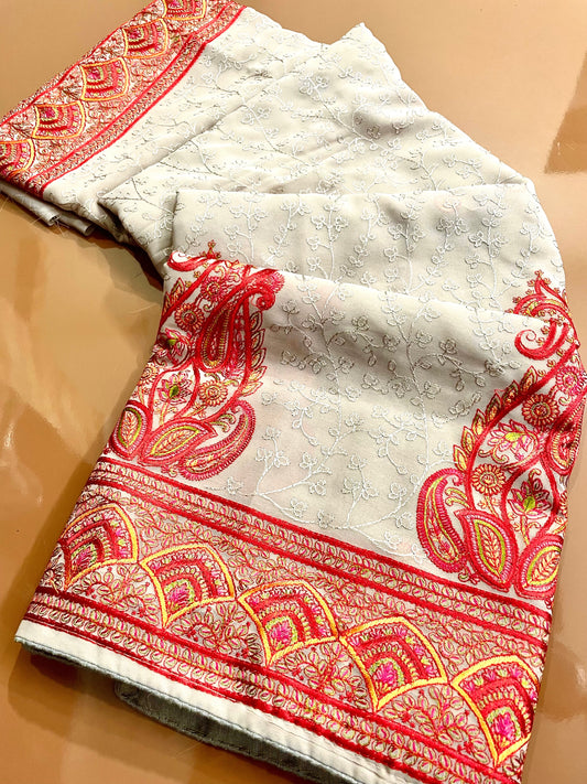 Multi Thread Embroidery Beige Saree