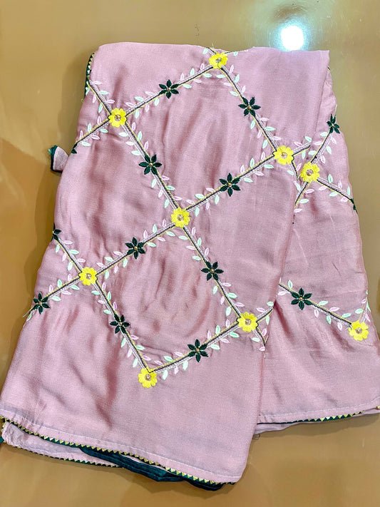 Pink Floral Embroidered Saree - Vanesara