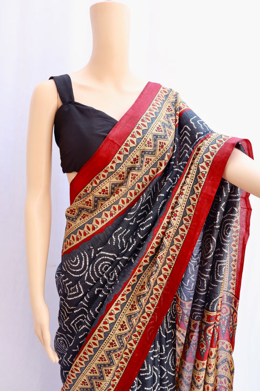 Blue printed crepe saree