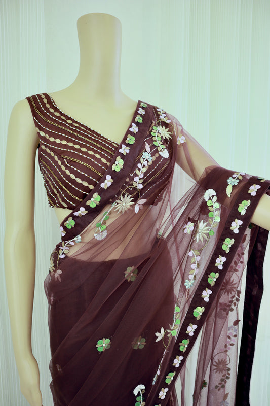 Burgundy Butterfly Net Saree